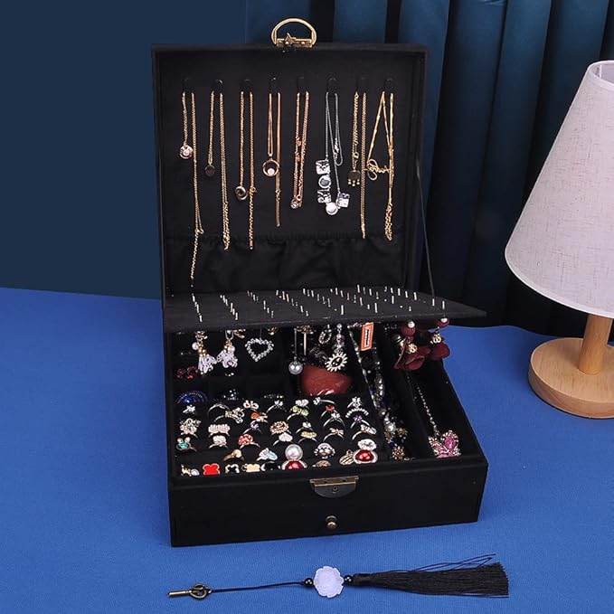 Women Jewelry Box Lockable 3 Layers Large Jewelry Organizer Storage Case for Earrings Necklaces Rings Bracelets,Green Display