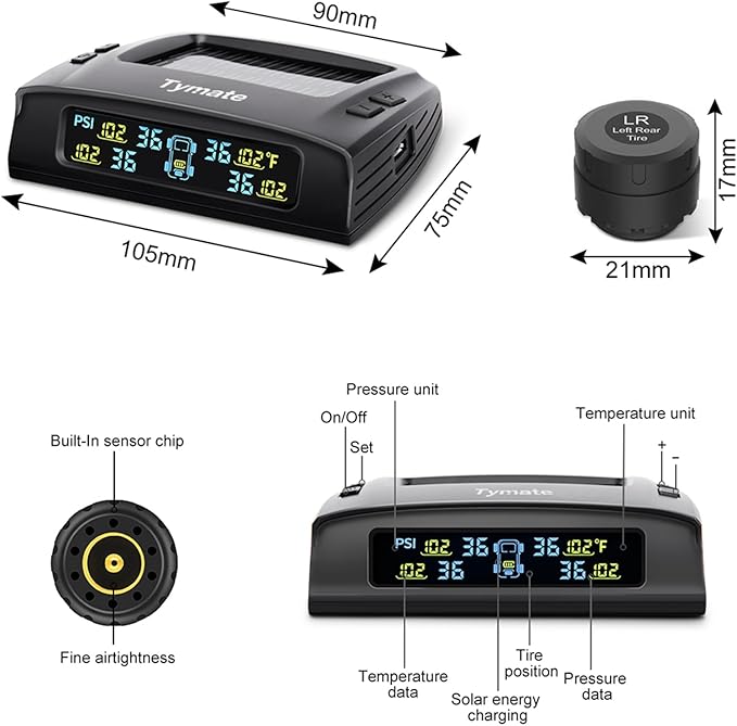 Tymate RV Tire Pressure Monitoring System, Solar Charge TPMS, 6 Sensors & 5 Alarm Modes, M7-3 2024 Updated Color Display, W/Repeater for Longer Distance Transmission, 0-87 PSI for RV Trailer Camper