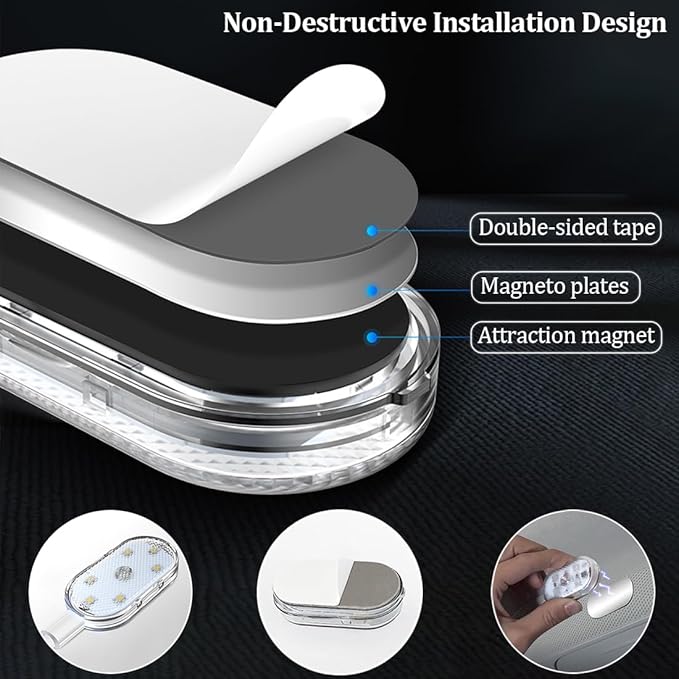 Easy installation guide for car interior LED reading light showing magnetic mount and USB connection
