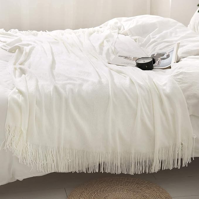 Homiest Decorative Knitted Throw with Fringe, Lightweight Acrylic Knit Blanket, Soft & Cozy Tassel Blanket for Couch, Sofa, B