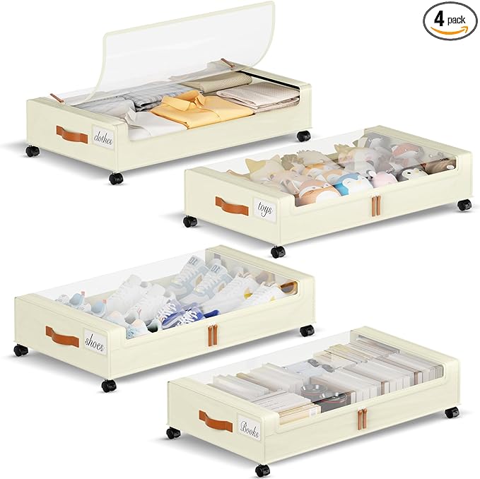 Yecaye Under Bed Storage with Wheels, 4 Pack Under the Bed Storage Containers with Lids & Label, XXL 60L Rolling Underbed Sto