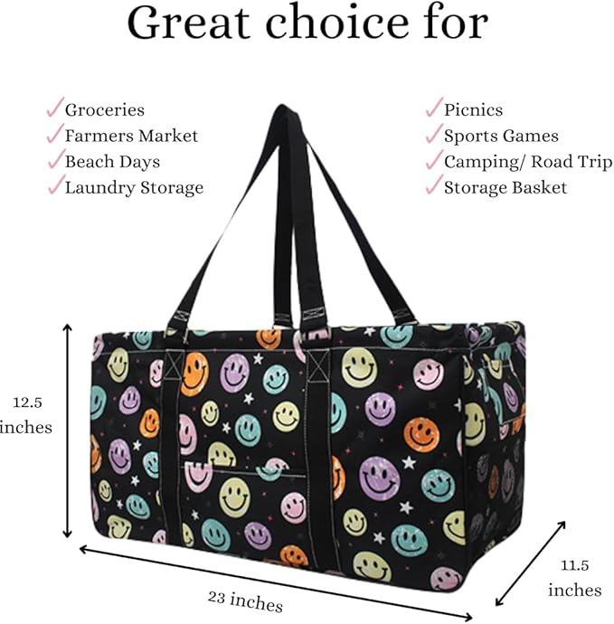 NGIL Extra Large Utility Tote Reusable Grocery Bag Oversized Collapsible for Groceries, Storage, Picnic, Beach (Rainbow Smiles-Black)