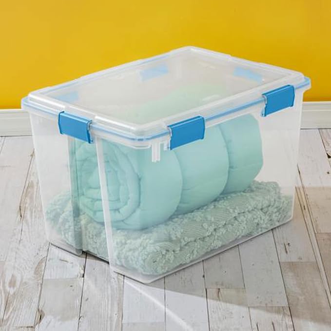 Sterilite 80 Qt Gasket Box, Stackable Storage Bin with Latching Lid and Tight Seal, Plastic Container to Organize Basement, C