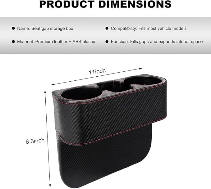 Car Seat Gap Filler Organizer, Multifunctional Auto Console Side Storage Box with Cup Holder, Universal PU Leather Cup Holder Front Seat Crevice Filler for Car Truck SUV (Carbon Fiber Black)