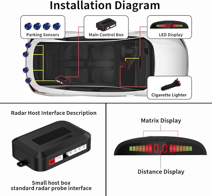 Cordless Parking Sensor, Reverse Radar System with 4 Car Backup Sensors, LED Distance Display with Sound Warning + 4 Blue Parking Sensors for Cars, Vans, RVs, and Trailers