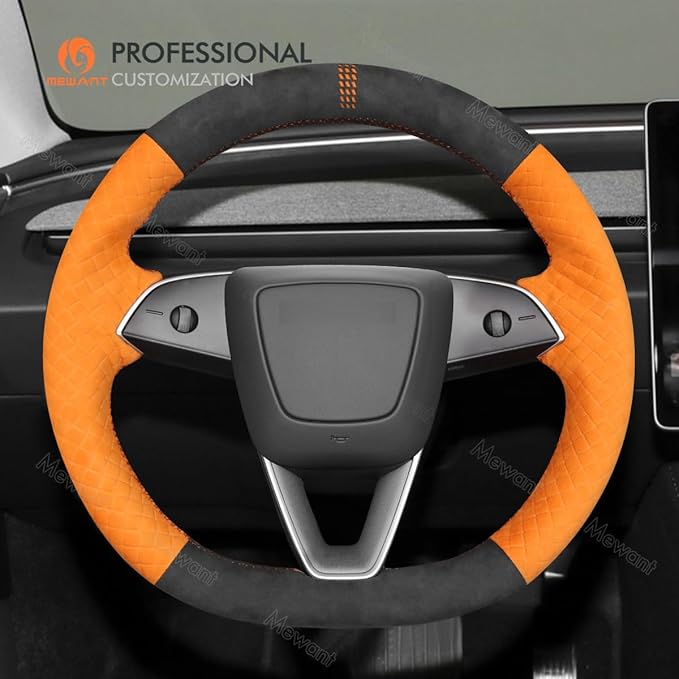 MEWANT Hand Stitched Matte Carbon Fiber&PU Leather Steering Wheel Cover Wrap for Tesla Model 3 Highland 2023 2024 2025 Steering Wheel Accessories