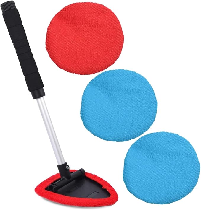 AutoEC Windshield Cleaner Tool, Car Inside Windshield Cleaner Tool，Inside Car Window Cleaning Tool Kit, Window Glass Wiper Kit Comes with 4 Washable & Reusable Microfiber Pads, 2 Wet and 2 Dry Use