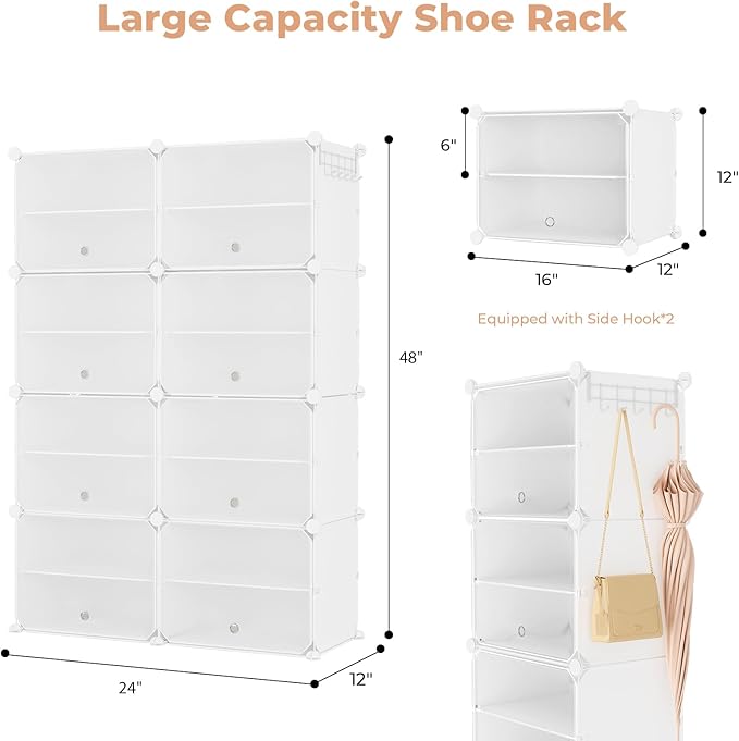 Shoe Rack 8 Tier Shoe Storage Cabinet with Door 32 Pair Tall Shoes Rack Organizer Free Standing Expandable Stable Plastic Eas