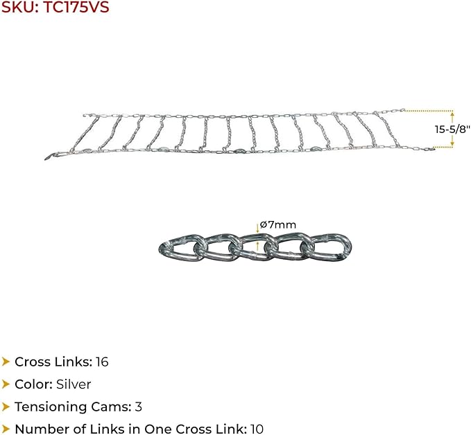Mytee Products 2 Pair Cam Tensioner Twisted Link Snow Tire Chains Compatible w/ 17.5" Rim Diameter & 9" Wide Car Pickup Low-d