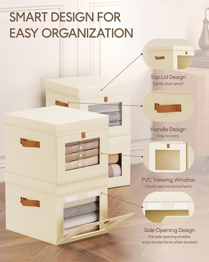 Homsorout Storage Bins with Lid – Closet Organizer with Side Opening and Clear Window, Foldable Stackable Fabric Basket for C