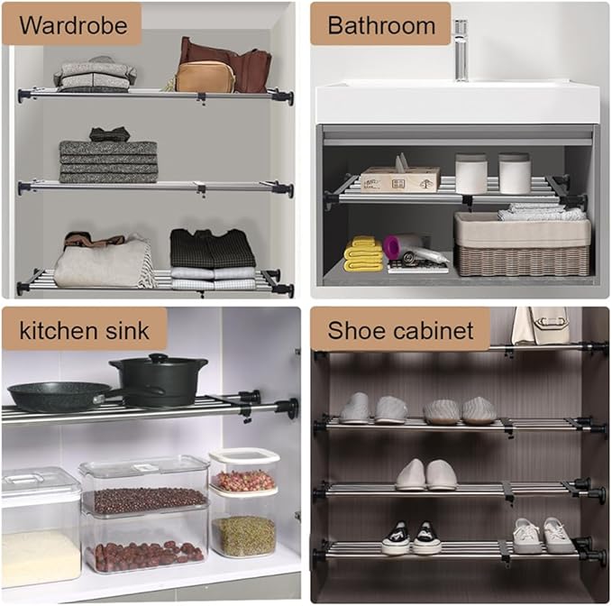 Hershii Expandable Closet Tension Shelf Rod Adjustable Metal Storage Rack Cabinet Organizer DIY Divider Separator Shelves for
