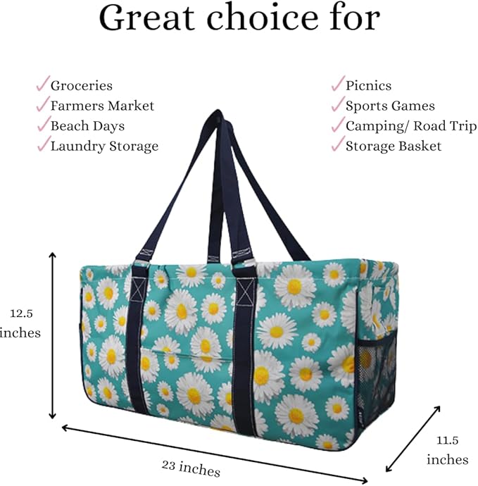 NGIL Extra Large Utility Tote Reusable Grocery Organizing Bag Oversized Collapsible for Storage, Picnic,Car, Beach (Daisy Print-navy)