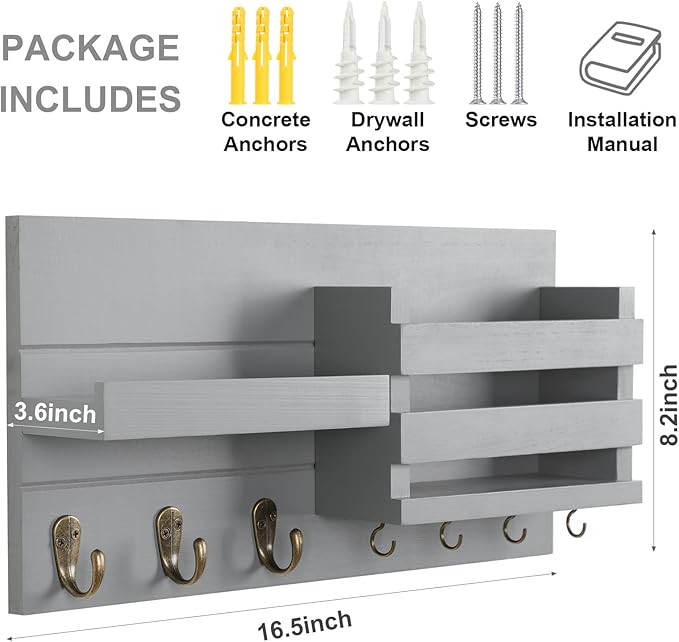 Lwenki Mail Organizer for Wall Mount – Key Holder with Shelf Includes Letter Holder and Hooks for Coats, Dog Leashes – Rustic