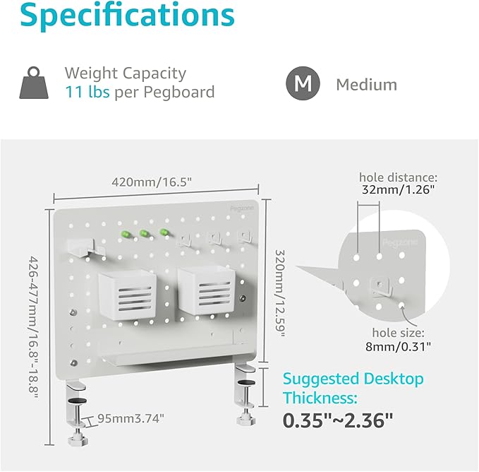 PEGZONE Clamp-on Desk Pegboard, Desk Organizer for Office Gaming Home, Magnetic Metal Peg Board with 10 Accessories, Privacy 