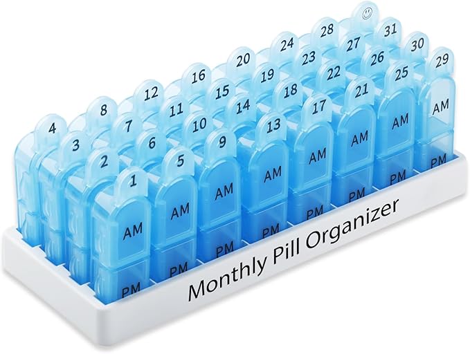 Daviky Monthly Pill Organizer 2 Times a Day, 30 Day Pill Box AM PM with Separate Container, One Month Medicine Case Twice a D