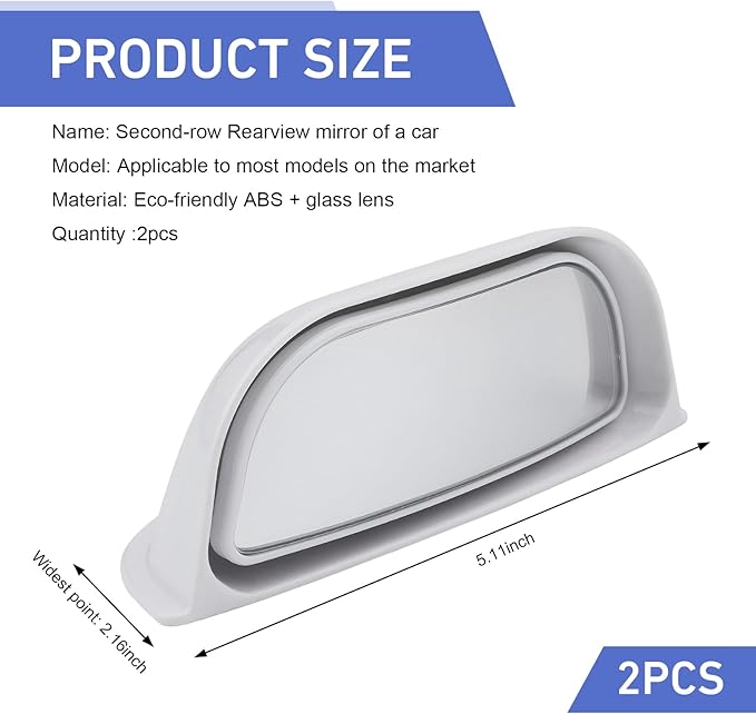 2 PCS Back Passenger Blind Spot Mirrors, 1.8" x 5" Adjustable Wide Angle B-Pillar Blind Spot Mirror, Car Side View Mirror for Get-Off Safety, Universal Accessories for Most Cars (White)