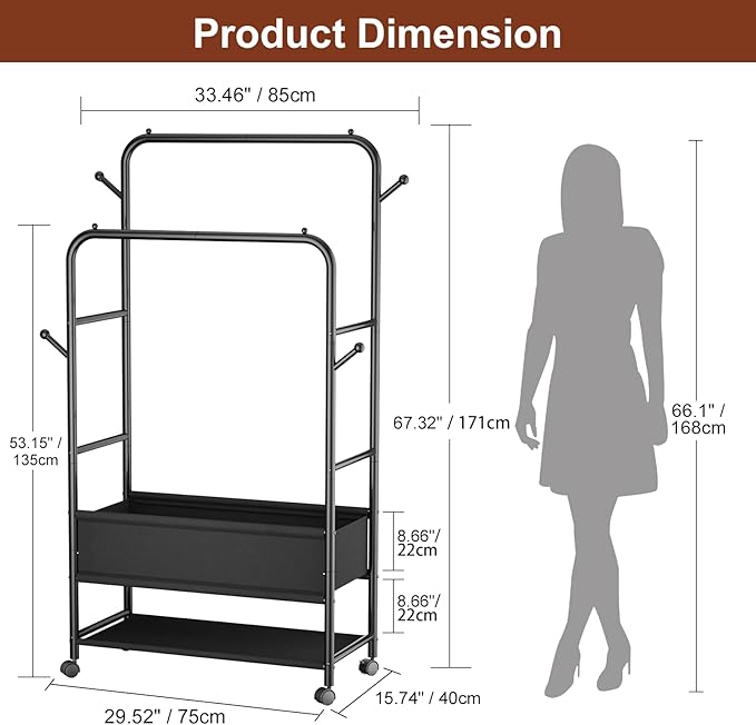 Furologee Clothing Racks for Hanging Clothes, Portable Rolling Garment Rack, Sturdy Metal Freestanding Clothes Rack with Whee