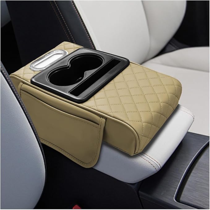 Leather Car Center Console Cover, Universal Automotive Armrest Booster Cushion, Vehicle Middle Console Organizer with 2 Cup Holders, Side Storage Bag, Tissue Box & Phone Slot(Beige)