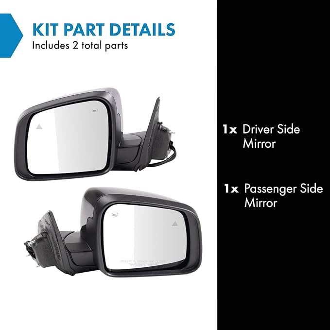 TRQ Driver & Passenger Side Power Heated Mirrors with Blind Spot Indicator Smooth Black Compatible with 2019-2022 Dodge Duran
