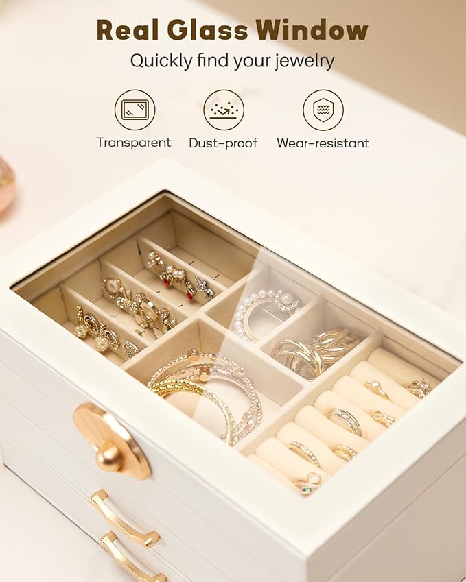 Enthralite Jewelry Box with 2 Drawers: Display Organizer for Earrings Necklaces - Gift for Girls Women (White)