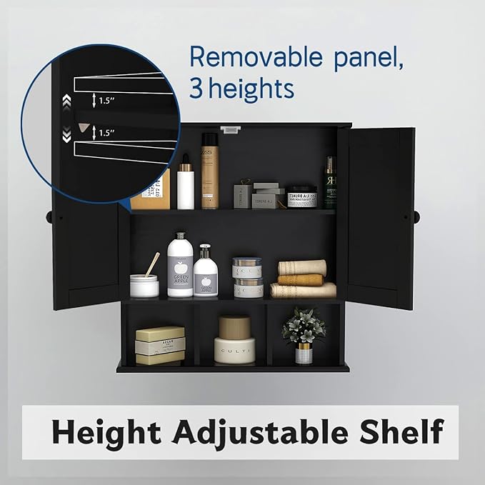 TaoHFE Black Bathroom Over The Toilet Storage Cabinet,Wall Medicine Cabinet Organizer with 2 Door Adjustable Shelves,Wooden M