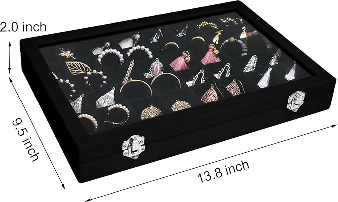 Siveit Velvet Jewelry Tray 48 Grid Jewelry Display Tray Organizer Box with Transparent Lid Rings Earrings Necklaces Pendants 