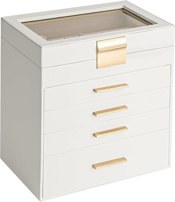 Somduy Jewelry Box, 5 Layers Jewelry Storage Display Box with Glass Lid for Women, 4 Drawers,Large Capacity for Necklace Earr