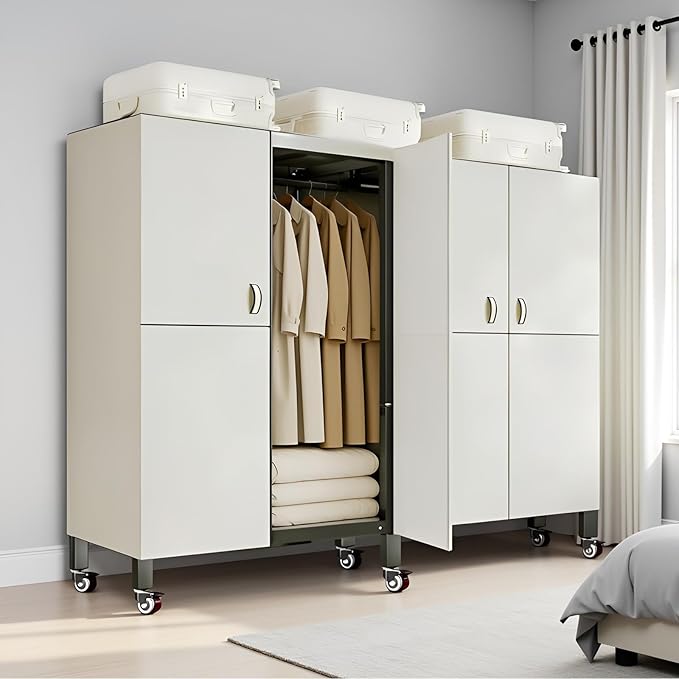 Foldable Portable Wardrobe On Wheels, Freestanding Garment Rack, with Magnetic Door 2000lbs, Heavy Duty Clothes Rack, for Bed