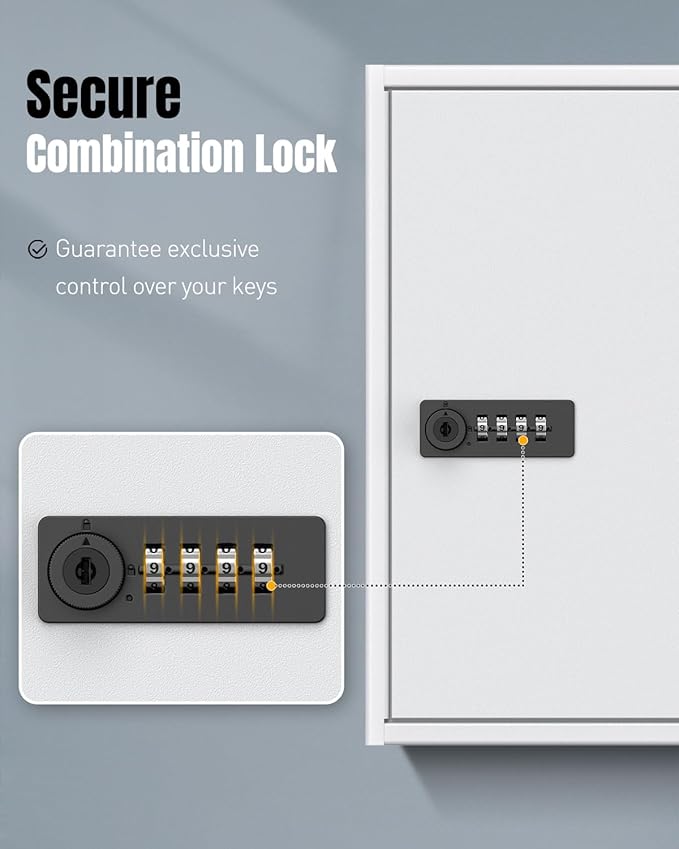 Uniclife 60 Position White Key Cabinet Steel Security Storage Box with Combination & Key Lock, Resettable, Digital, Adjustabl