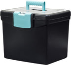Storex Portable File Box, with Lockable XL Supply Storage Lid and Carry Handle, Black/Teal, 10.9 x 11 x 13.25 Inches, 2-Pack 