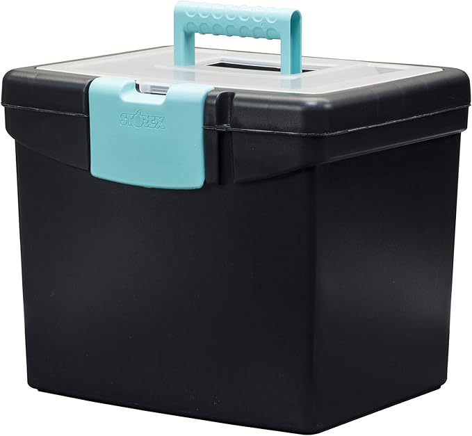 Storex Portable File Box, with Lockable XL Supply Storage Lid and Carry Handle, Black/Teal, 10.9 x 11 x 13.25 Inches, 2-Pack 