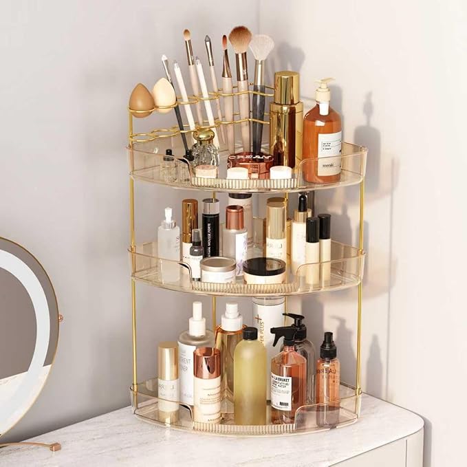 FELIZHOUSE 3-Tier Corner Bathroom Counter Organizer, Bathroom Countertop Shelf Makeup & Skincare Storage with Brush Holder fo