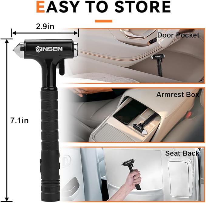 SINSEN Automotive Escape Tool, Window Breaker Seatbelt Cutter, Car Flashlight Safety Hammer, Emergency Kit Self Defense Acces