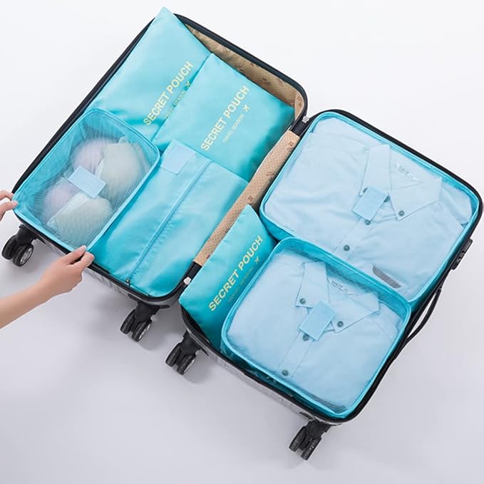 7 Set Packing Cubes, Travel Foldable Luggage Organizers Storage Bag Accessories Suitcase with Laundry Bag & Shoe Bag, Blue
