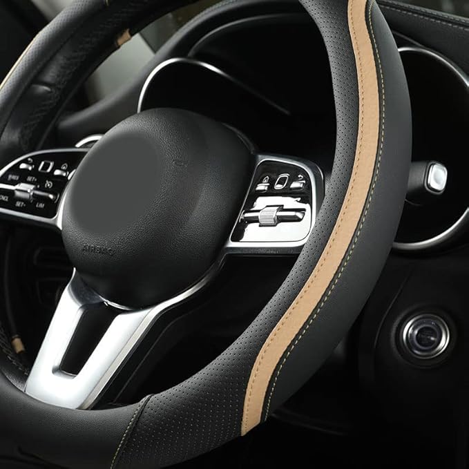 Car Steering Wheel Cover, Leather Steering Wheel Cover Beige Universal 14.5-15 Inch Microfiber Leather Anti-Slip Breathable A