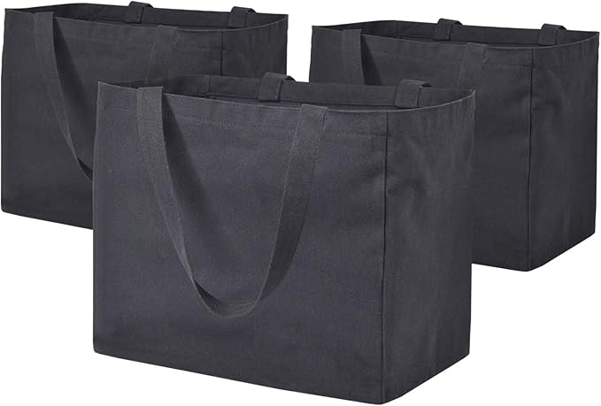 3 Pack Heavy Duty Reusable Canvas Grocery Bags, Holds 60 lbs, 8.3 gal Multi-Purpose Washable Bags with 5 Pockets, Black