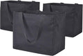 3 Pack Heavy Duty Reusable Canvas Grocery Bags, Holds 60 lbs, 8.3 gal Multi-Purpose Washable Bags with 5 Pockets, Black