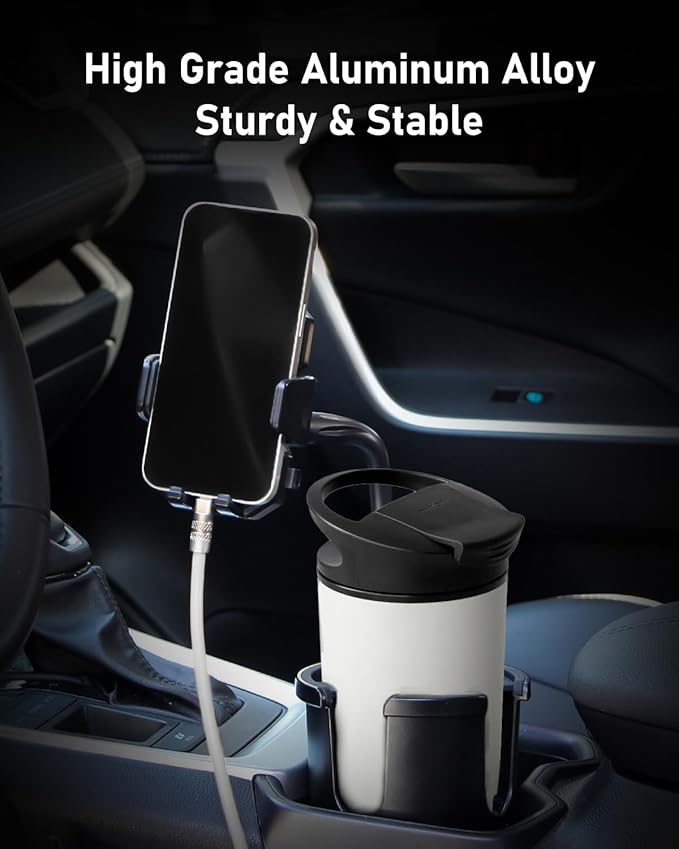 Belinous Car Cup Holder Expander with Phone Holder, 2 in 1 Car Phone Mount & Cup Holder Adapter with Adjustable 360° Rotation Gooseneck, U-shaped Handle Slot, Fits for iPhone, Samsung, Drinking Bottle