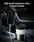 Belinous Car Cup Holder Expander with Phone Holder, 2 in 1 Car Phone Mount & Cup Holder Adapter with Adjustable 360° Rotation Gooseneck, U-shaped Handle Slot, Fits for iPhone, Samsung, Drinking Bottle