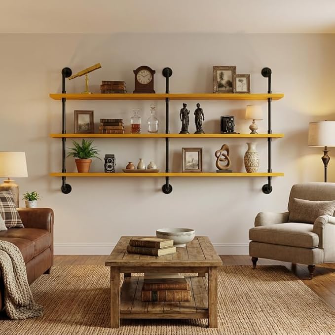 Industrial Pipe Wall Shelves - 60" Rustic Natural Oak Solid Wood, 9.85" Deep Floating Shelving for Farmhouse Rustic Decor, St