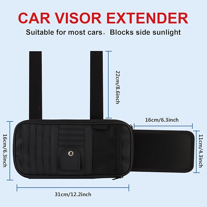 Car Sun Visor Organizer with Extendable Sunshade,Upgraded Version Multi-Pocket Visor Organizer Storage for Car/SUV/Truck with 13CD Holders,Sunglass Clip, Card Holder,Visor Accessories