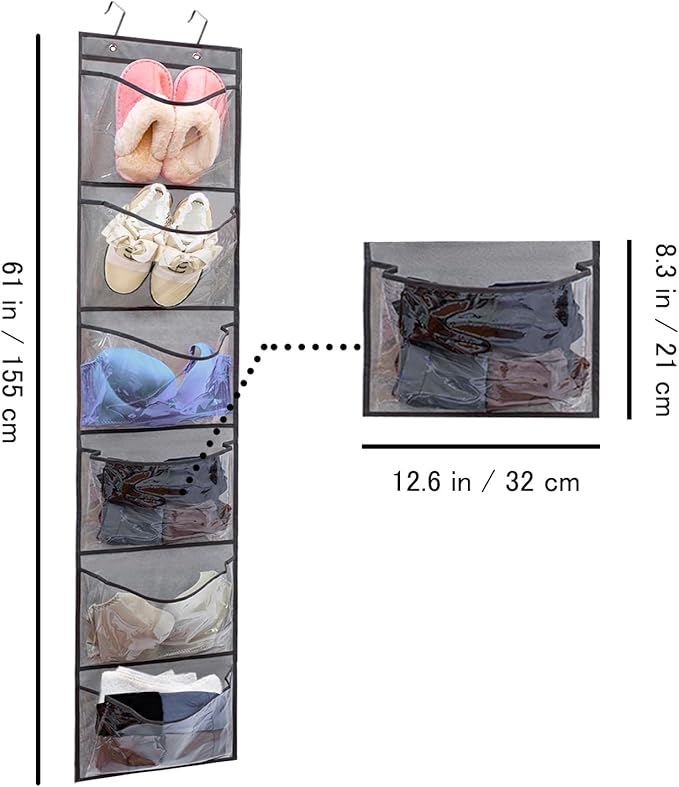 2 Pack Over the Door Shoe Organizer Hanging Shelve for Closet Clothes Storage Stuffed Animals Holder with 6 Large Pockets (Cl