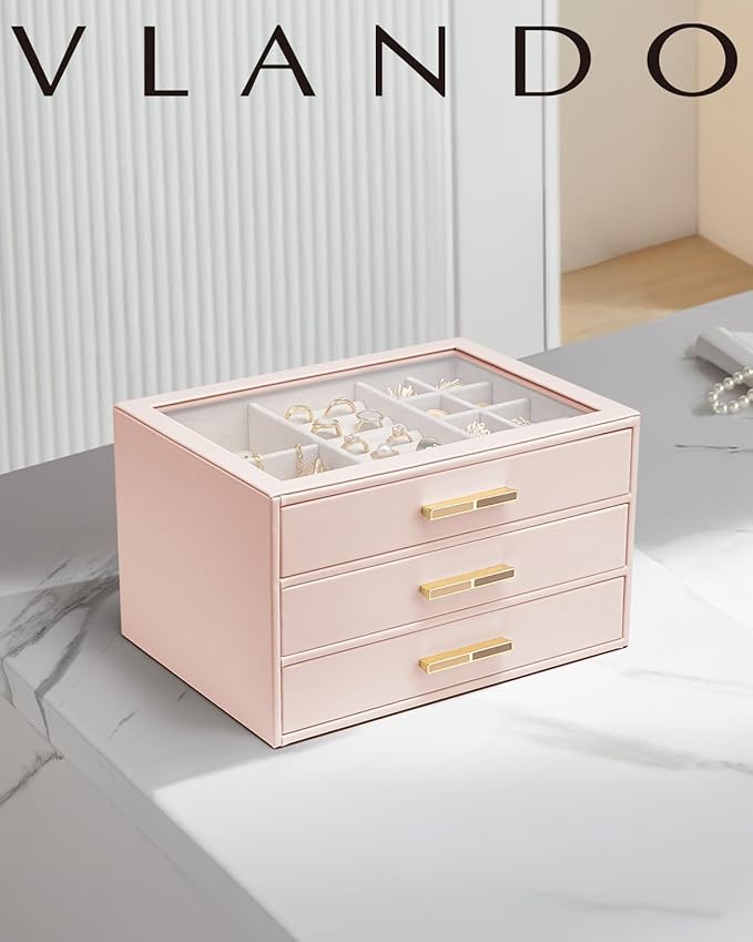 VLANDO Jewelry Box for Women, Glass Lid Jewelry Organizer with 3 Drawers for Necklaces Rings Earrings Bracelets Mother Day Gi