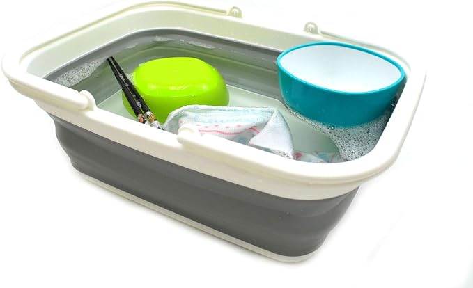 SAMMART SAMMART 9.2L (2.37Gallon) Collapsible Tub with Handle - Portable Outdoor Picnic Basket/Crater - Foldable Shopping Bag - Space Saving Storage Container (1, White/Grey)