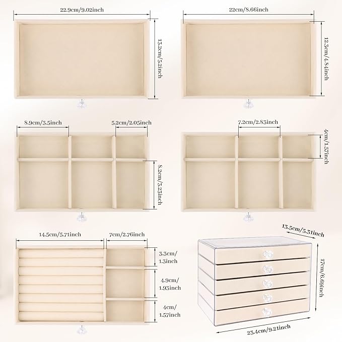Hyber&Cara Luxury Acrylic Jewelry Box Organizer - 5 Drawers Velvet Lined Clear Stackable Storage for Earrings Necklaces Rings