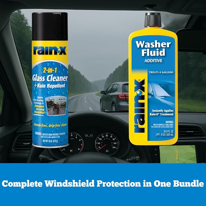 Rain-X Glass Care Bundle: 2-in-1 Glass Cleaner Plus Rain Repellent (18 oz) and Washer Fluid Additive (16.9 fl oz)