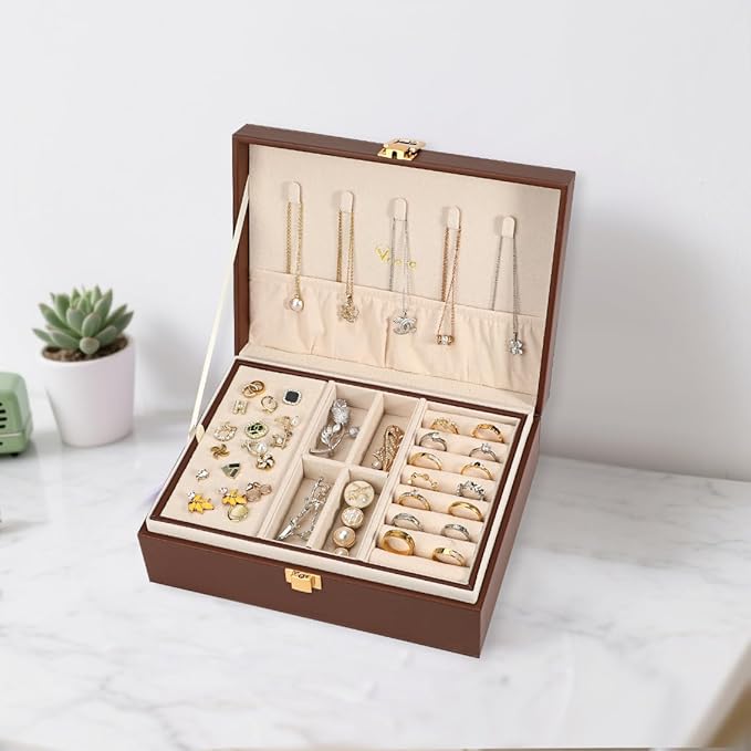 Voova Jewelry Box Organizer for Women Girls, 2 Layer Large Men Jewelry Storage Case, PU Leather Display Jewellery Holder with