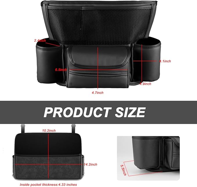 Car Handbag Holder Between Seats, Large Capacity Leather Organizer Auto Purse Holder with Tissue Box, Double-Sided Central Storage Bag Front Seat Barrier for Most Vehicles (Black)