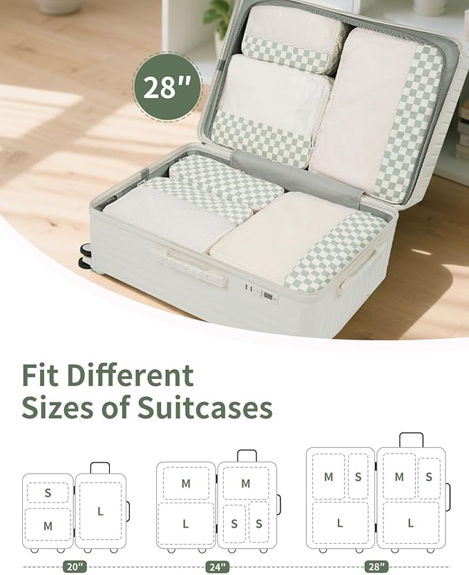 Narwey 7 Set Checkered Packing Cubes for Travel Kids Women, Durable Packing Organizer Bags for Carry on Suitcase Luggage Trav