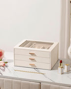 Jewelry Box with Glass Lid,3-Layer Jewelry Boxes for Women,PU Leather Jewelry Organizer with 20-Grid Earring Drawer & Movable
